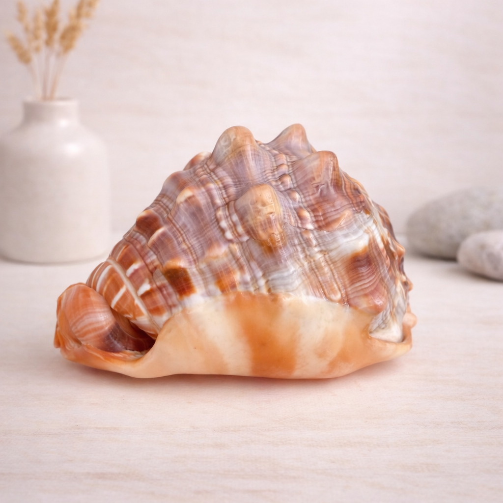 Bullenmundmuschel (Cassis), Rückansicht mit spiralförmiger Schalenstruktur und Zimttönen