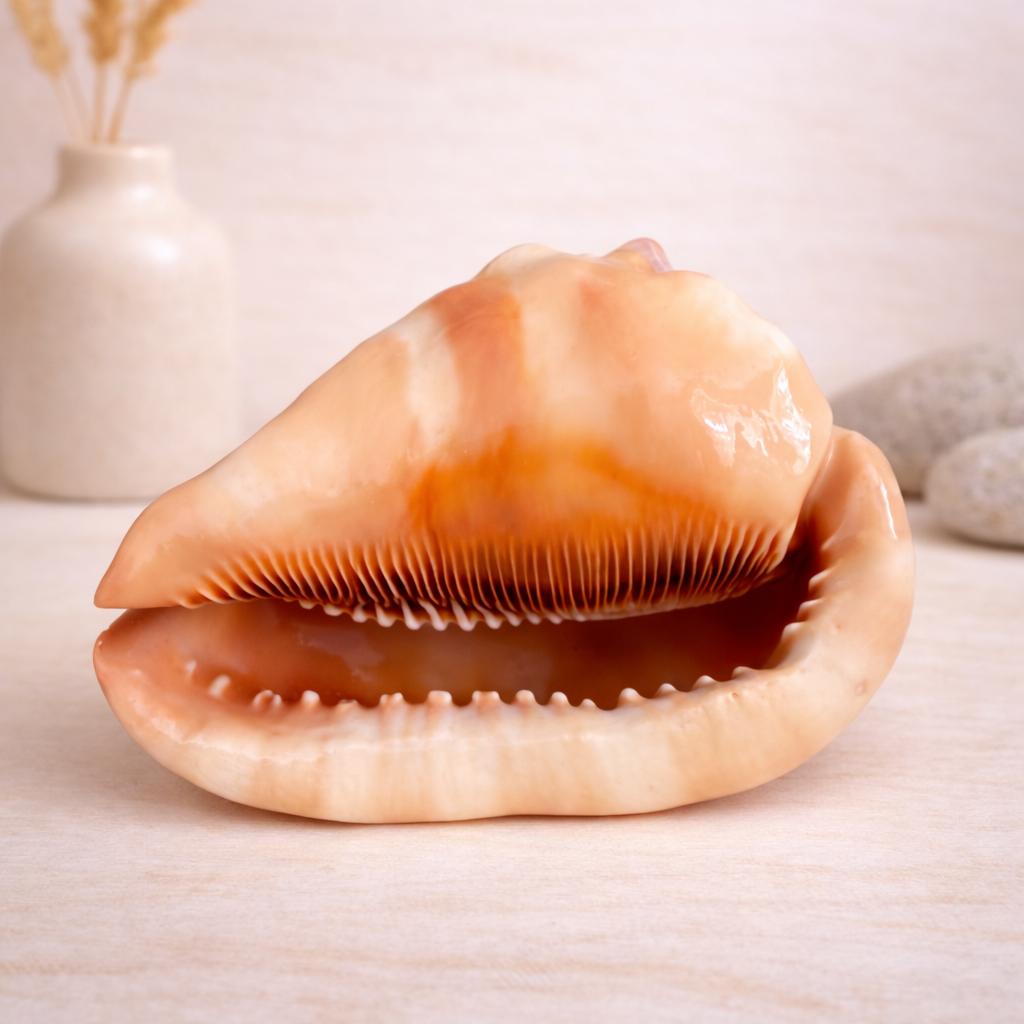 Bullenmundmuschel (Cassis), Seitenansicht rechts mit markanter Lippenkante und natürlichen Bänderungen