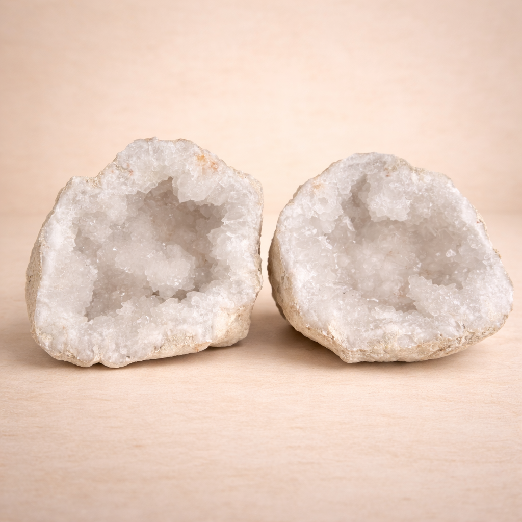 Bergkristall Geode – halbe Druse aus Quarz mit glitzernder Kristallöffnung, aufrecht präsentiert.