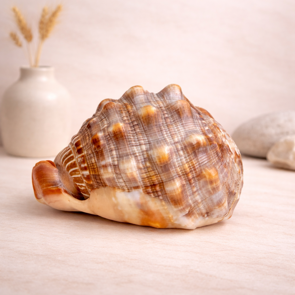 Bullenmundmuschel (Cassis), Rückseite mit Spiralstruktur, braun-beige, naturhistorisches Sammlerstück