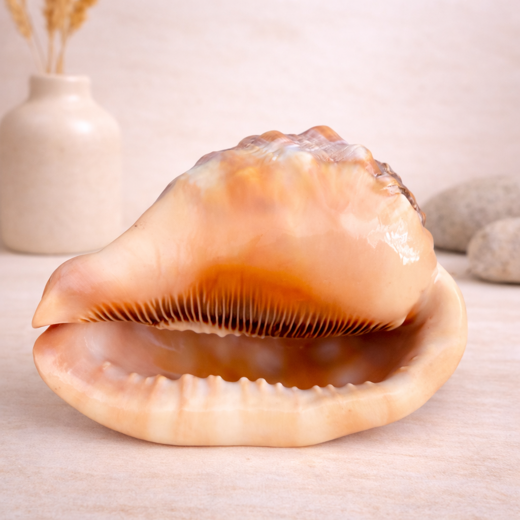 Bullenmundmuschel (Cassis), Öffnung mit charakteristischer Lippe, warmes Farbspiel in Orange und Beige, dekoratives Naturstück