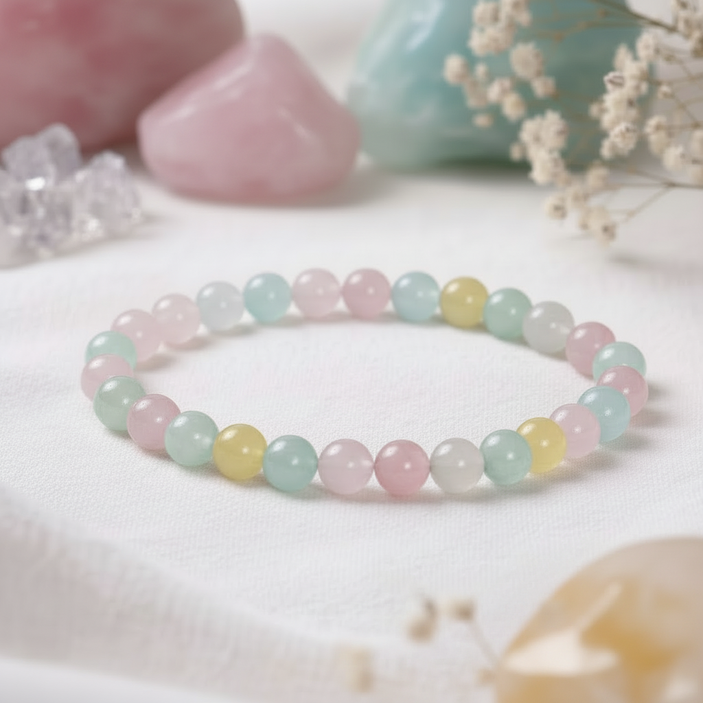 Beryll Armband 6 mm – farbenfrohes Kugelarmband in Rosa, Gelb & Blau für mehr Leichtigkeit